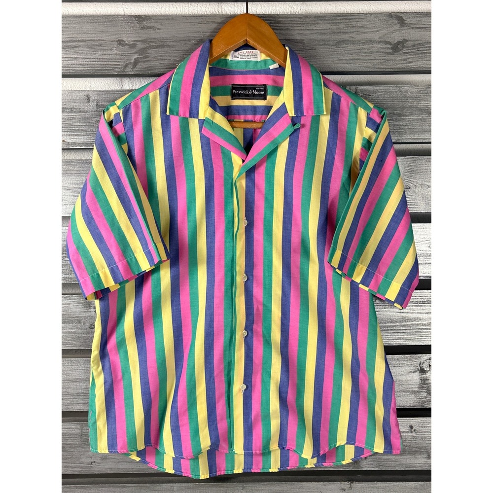 Preswick & Moore Mens Vintage 90s Bright Colorblock Striped Short Sleeve Shirt S